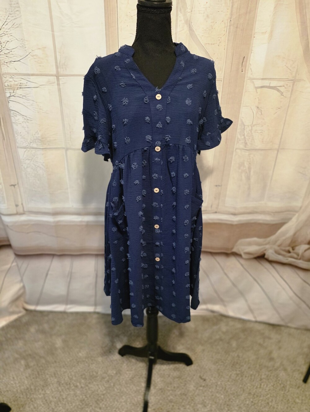Kohl's Navy Blue Button-Front Textured Midi Dress